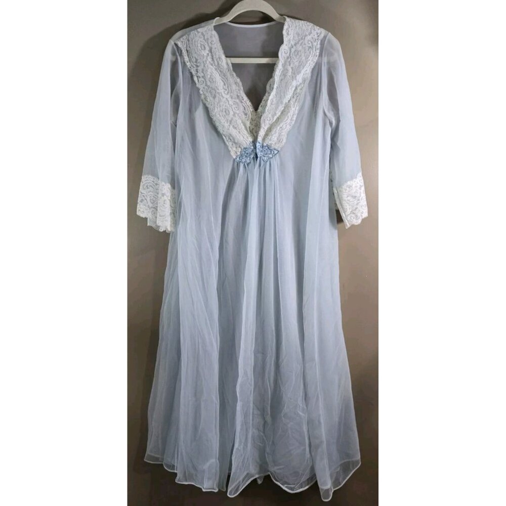 Vtg Gilead Light Blue Lace Trim Nightgown House Coat Sz 38 Granny Core Cottage